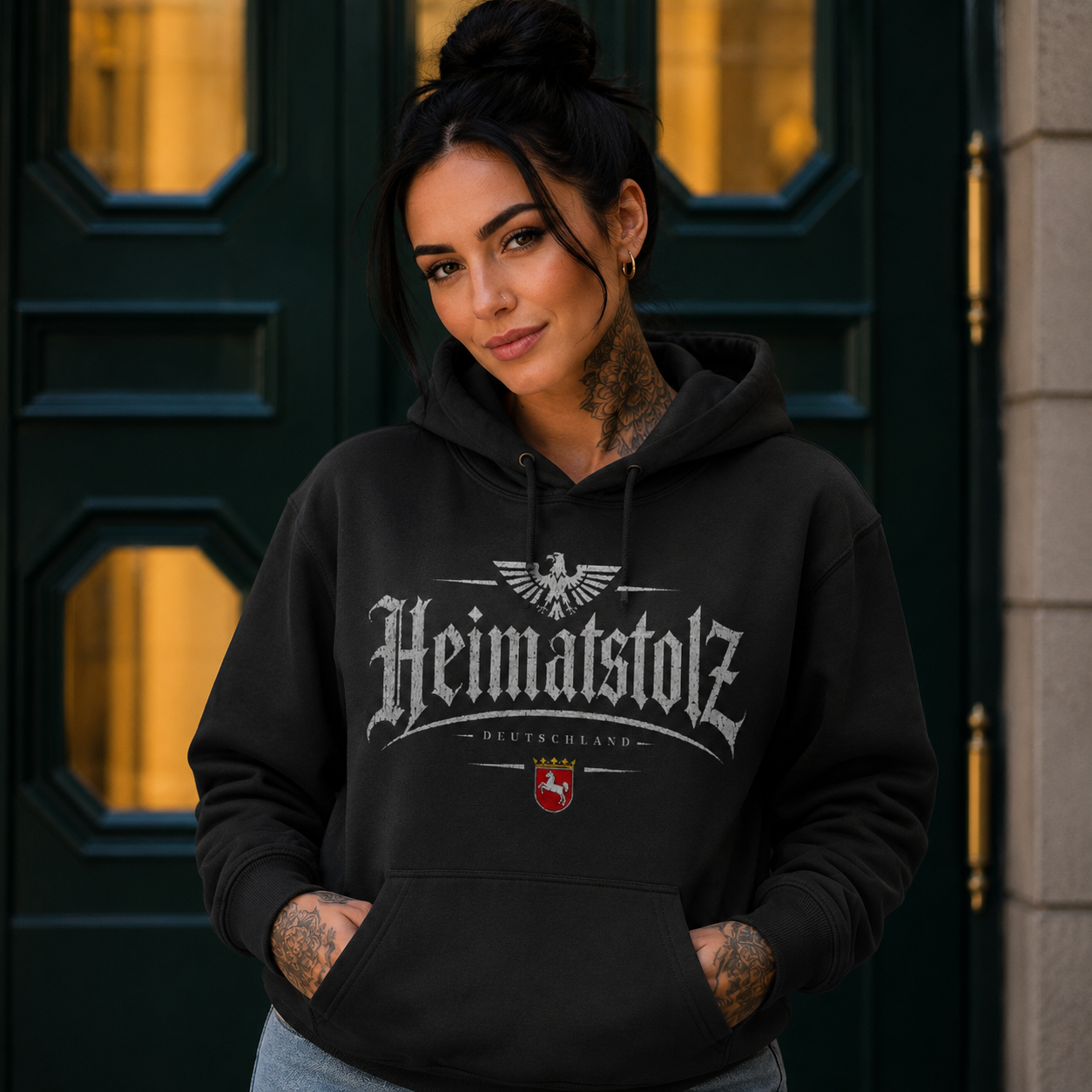 Damen Hoodie Heimatstolz Wappen Niedersachsen weiß