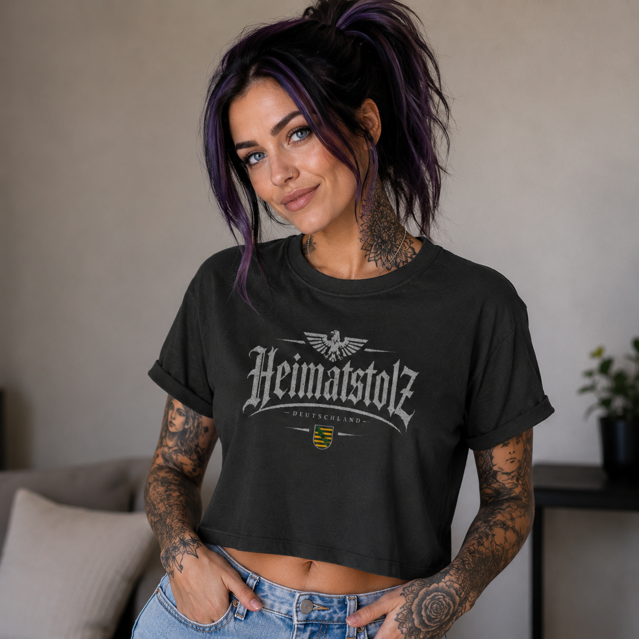 Damen Oversize Crop Top Heimatstolz Wappen Sachsen weiß