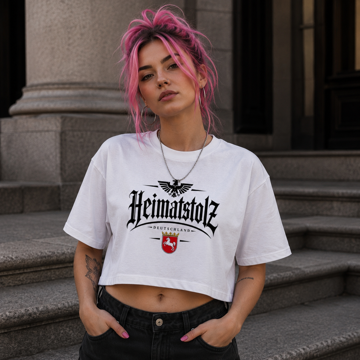 Damen Oversize Crop Top Heimatstolz Wappen Niedersachsen schwarz