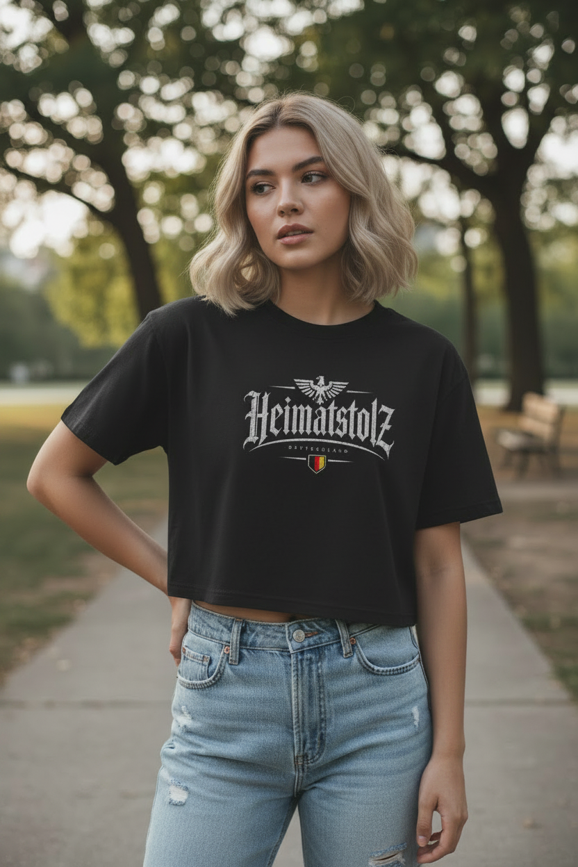 Damen Oversize Crop Top Heimatstolz Deutschland mit Wappen weiß