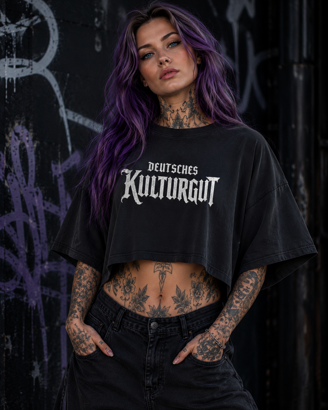 Damen Oversize Crop Top Deutsches Kulturgut in weiß