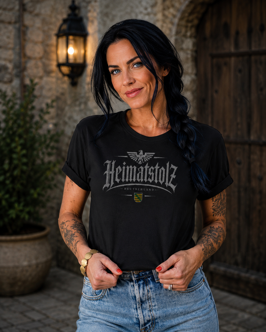 Damen T-Shirt Heimatstolz Wappen Sachsen weiß