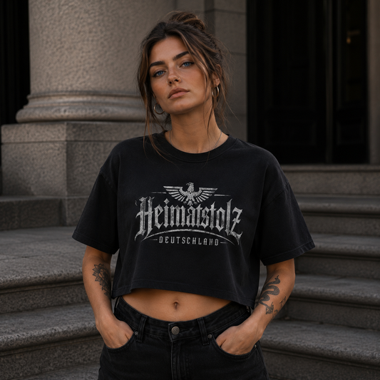 Damen Oversize Crop Top Heimatstolz Deutschland Adler oben weiß