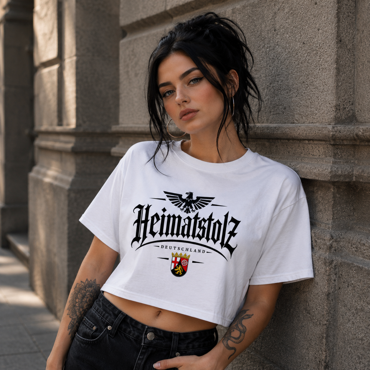 Damen Oversize Crop Top Heimatstolz Wappen Rheinland Pfalz schwarz