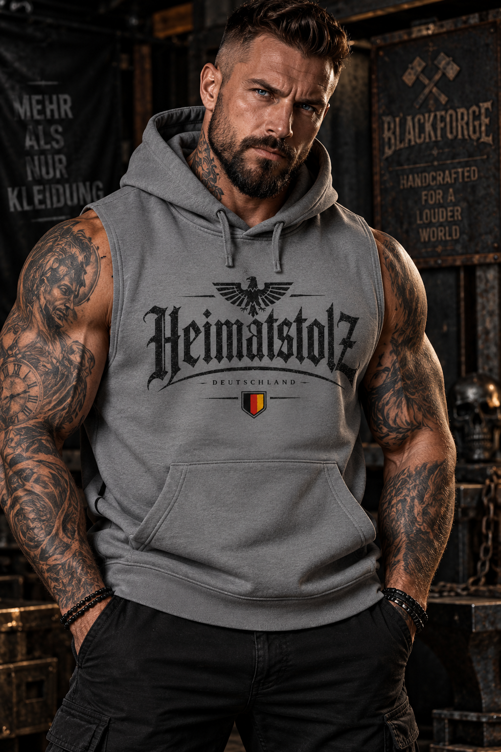 Heimatstolz Deutschland Hoodie ohne Ärmel Landwappen/schwarzer Druck
