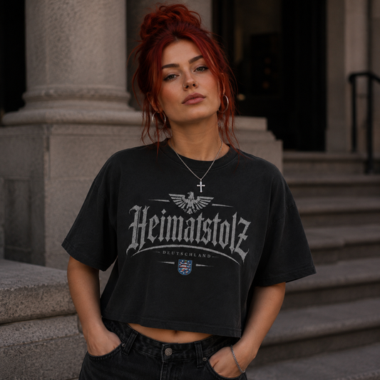 Damen Oversize Crop Top Heimatstolz Wappen Thüringen weiß