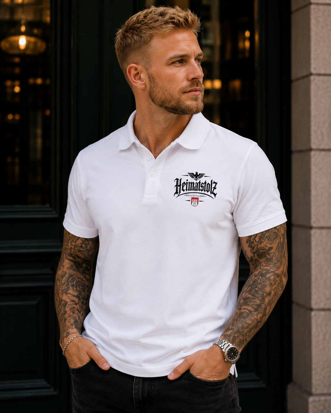 Unisex Poloshirt Heimatstolz Wappen Hamburg schwarz