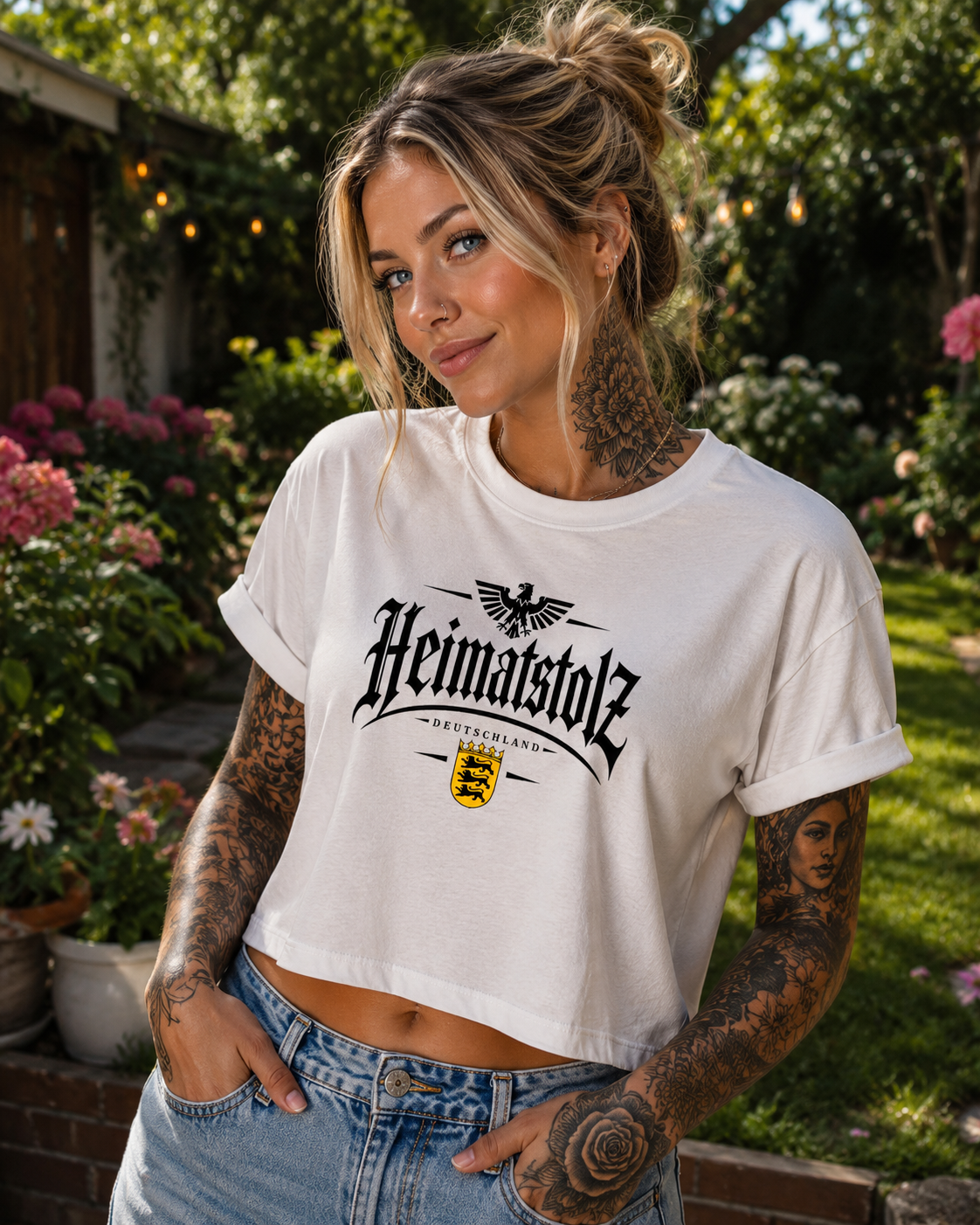 Damen Oversize Crop Top Heimatstolz Wappen Baden Württenberg schwarz