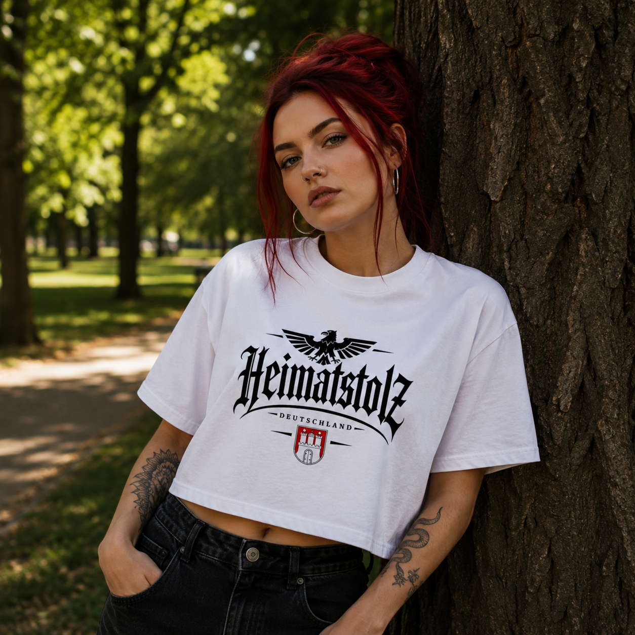 Damen Oversize Crop Top Heimatstolz Wappen Hamburg schwarz