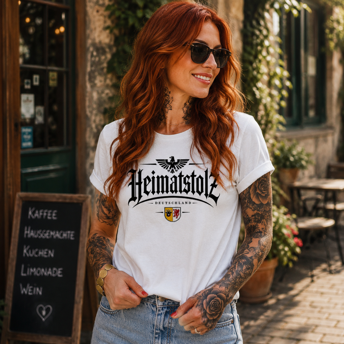 Damen T-Shirt Heimatstolz Wappen Mecklenburg Vorpommern schwarz