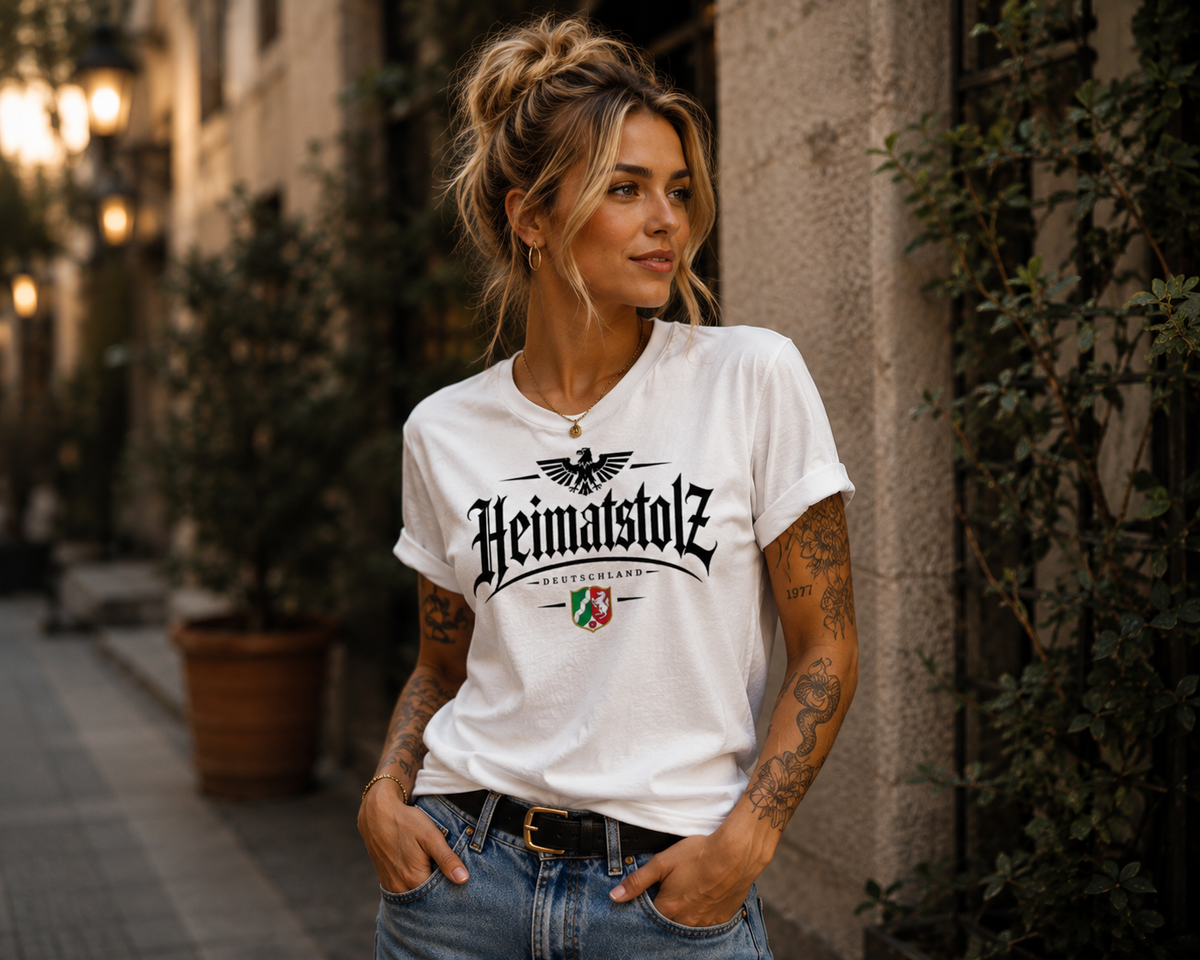 Damen T-Shirt Heimatstolz Wappen Nordrhein Westfalen schwarz