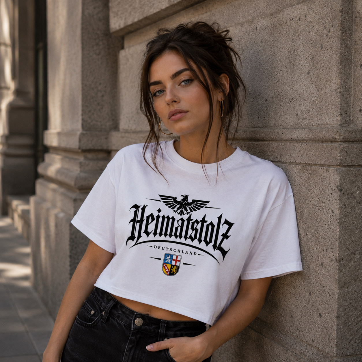 Damen Oversize Crop Top Heimatstolz Wappen Saarland schwarz