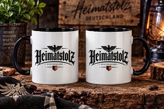Tasse zweifarbig Heimatstolz Deutschland mit Landwappen schwarz